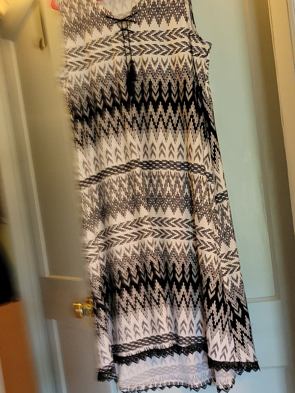 ONE WORLD Black & White Tribal Print Midi Hi Low Dress with Tassel Tie